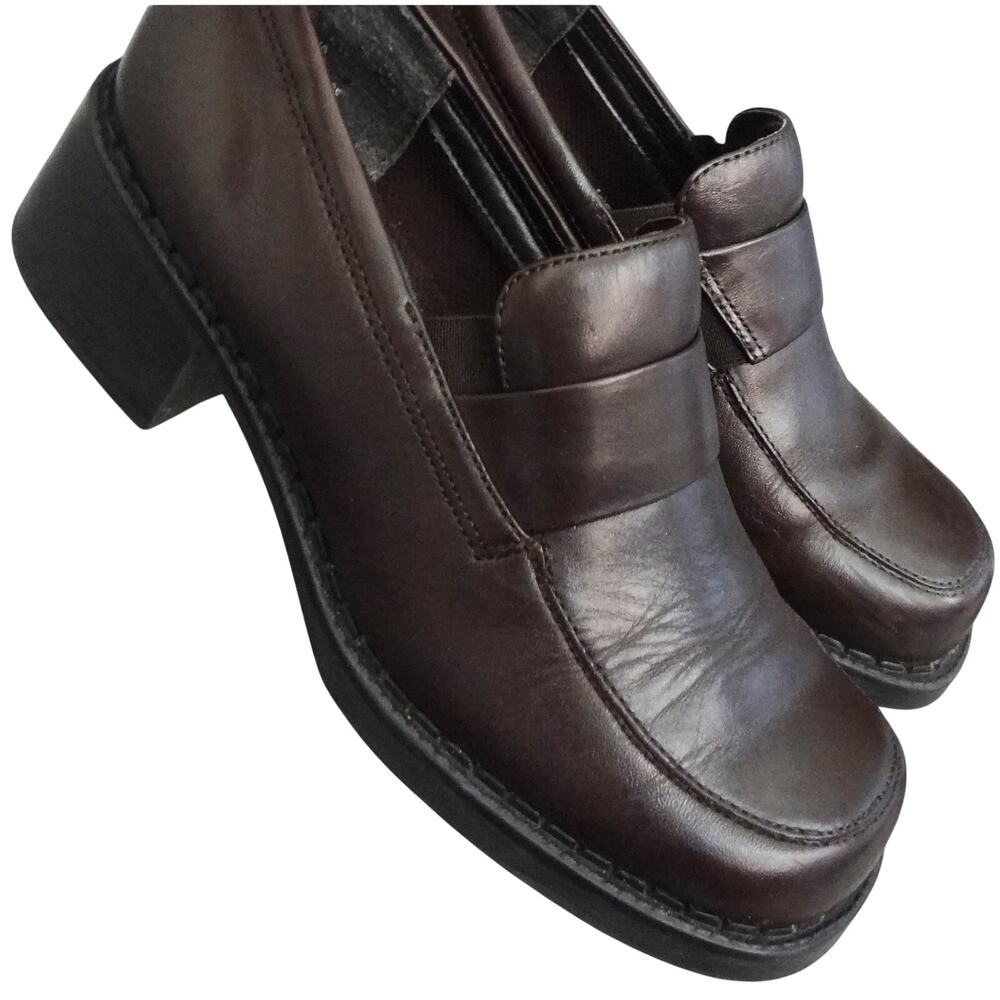 Vintage 90s Y2K Chocolate Brown Leather Loafer Heel Chunky Platform Women 7.5